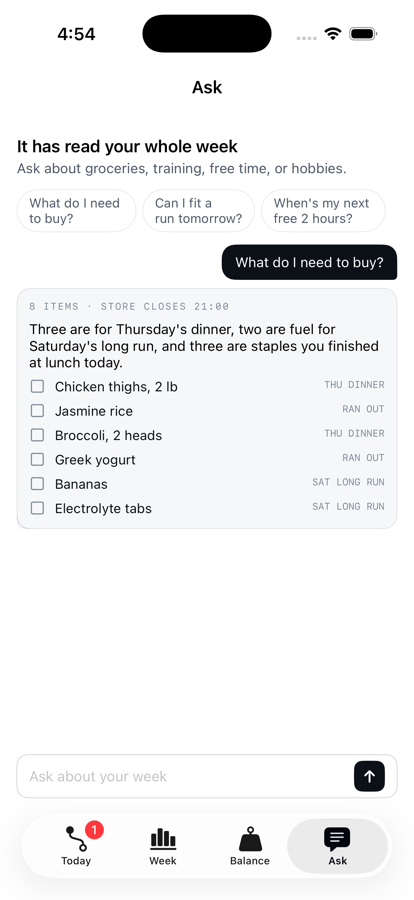 The Ask screen: a question about the week answered with a headline and a short explanation.