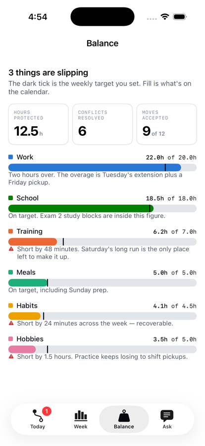 The Balance screen: hours committed per domain against the target the person set.